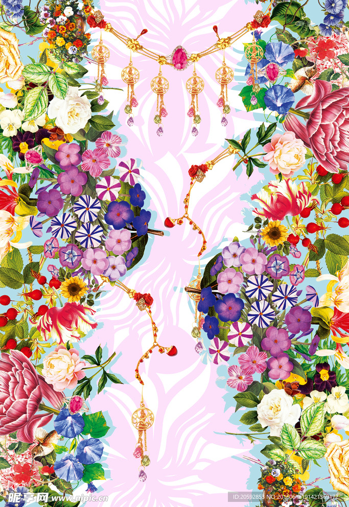 时尚花卉珠宝数码印花图案