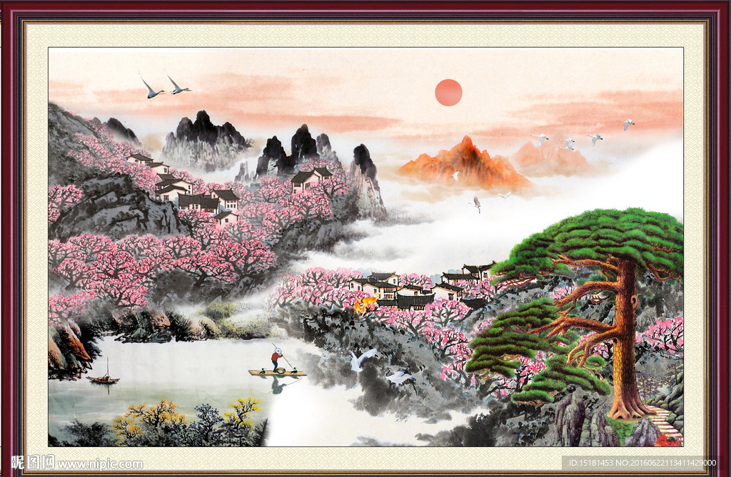 国画风景 迎客松 满山红
