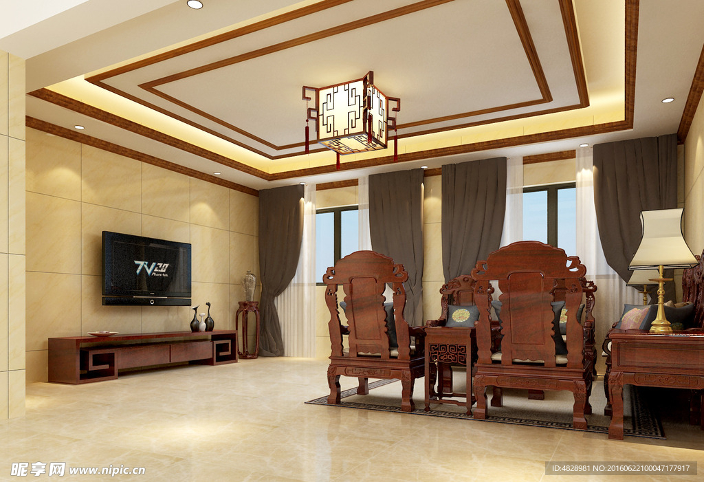 现代中式客厅电视背景红木家具