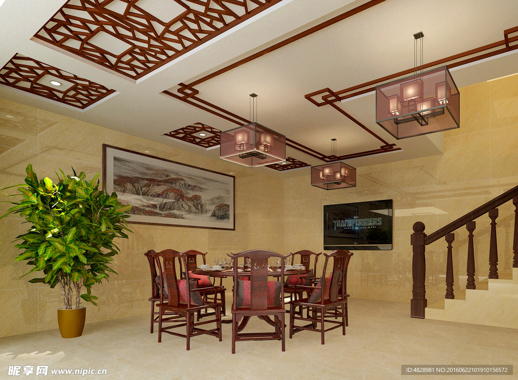现代中式客厅红木天花餐桌吊灯