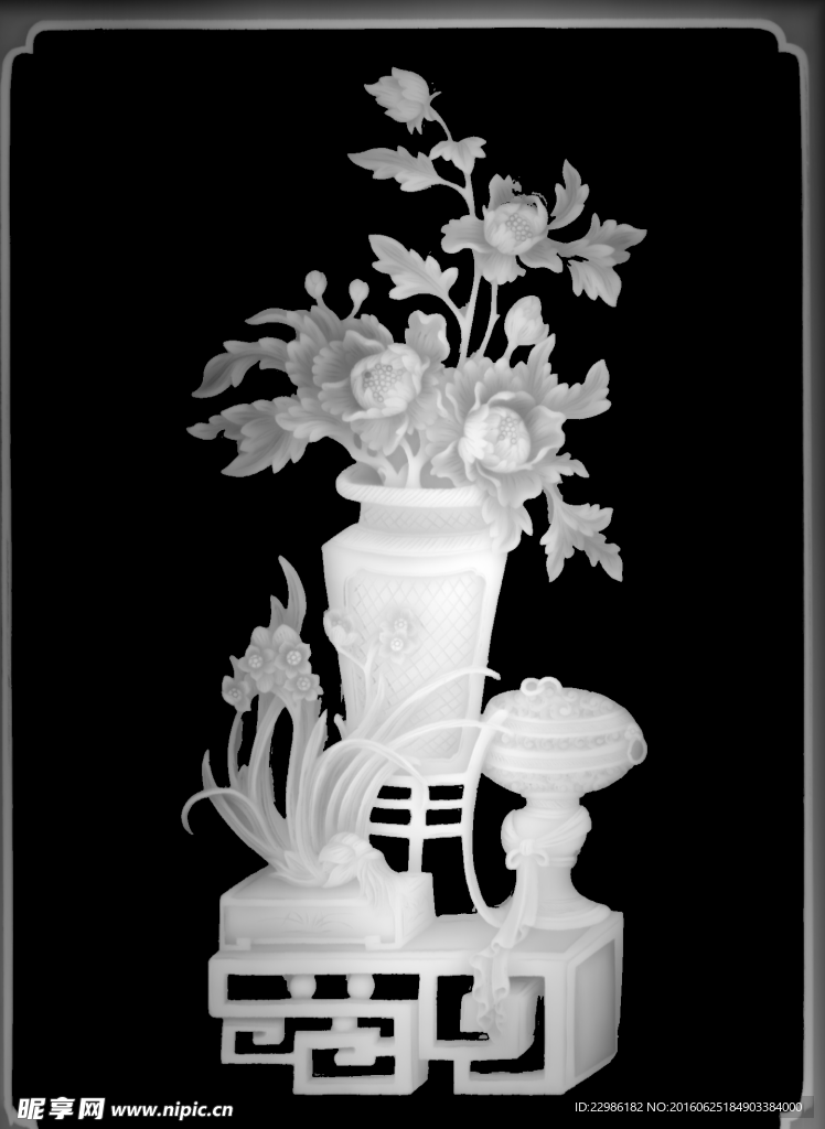 牡丹花花瓶博古浮雕灰度图