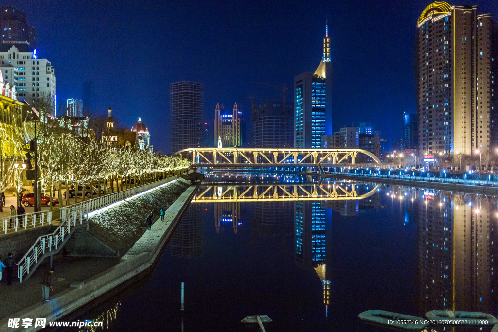 天津 海河 夜景 桥 倒影