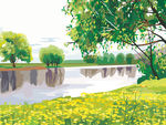 手绘河边风景