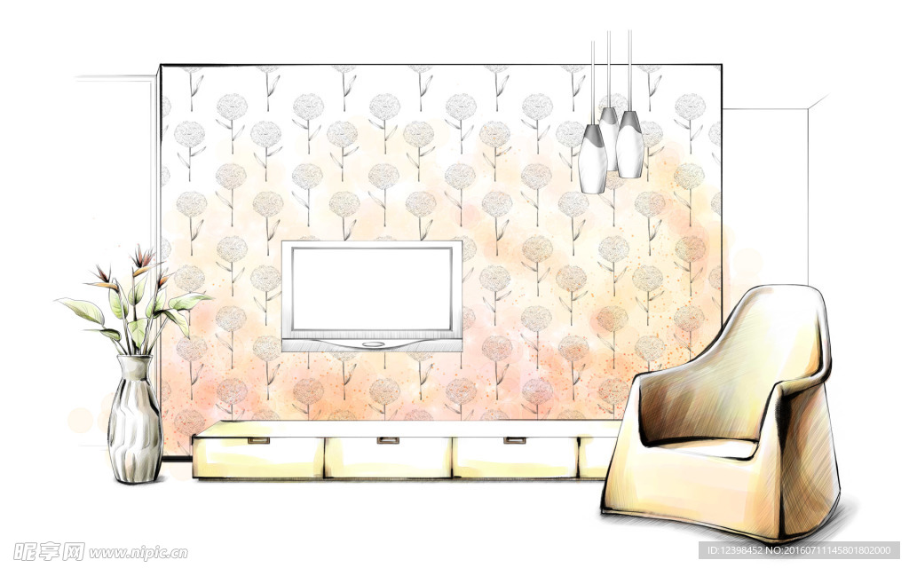客厅电视墙设计手绘效果