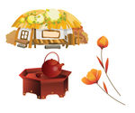 茅草屋 茶壶茶杯 花朵