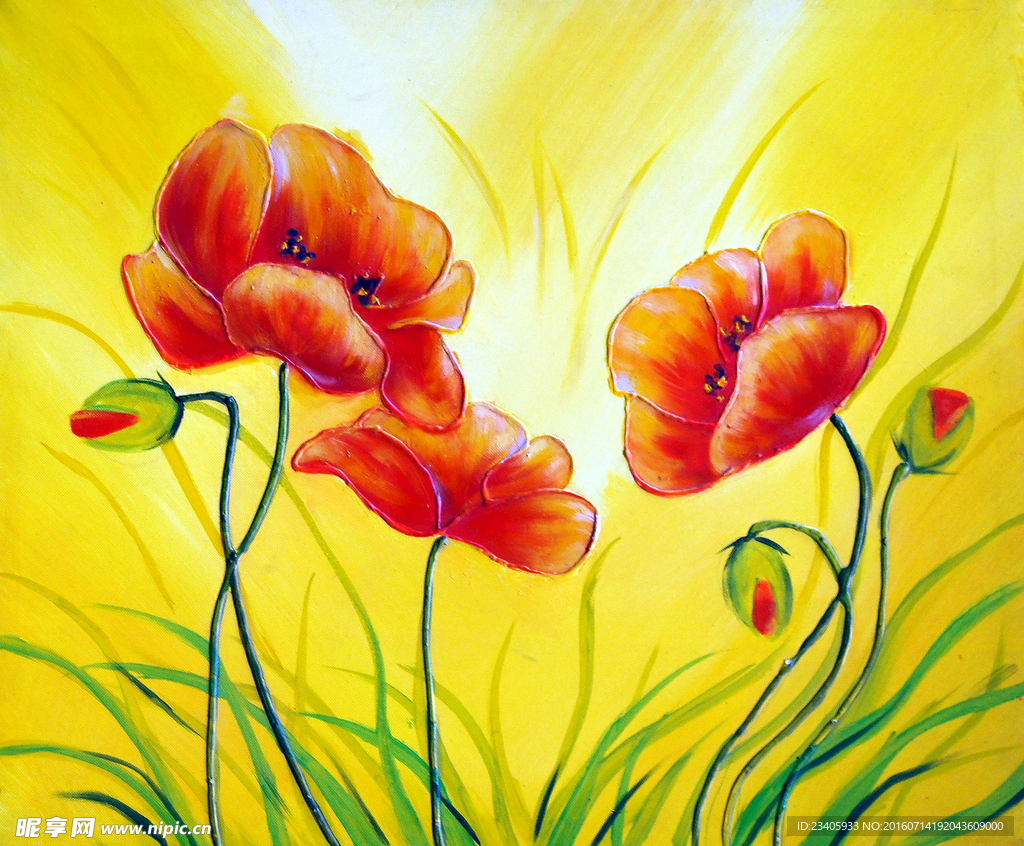 红色花朵油画背景装饰画