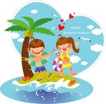 放暑假在海边冲浪的卡通男孩女孩