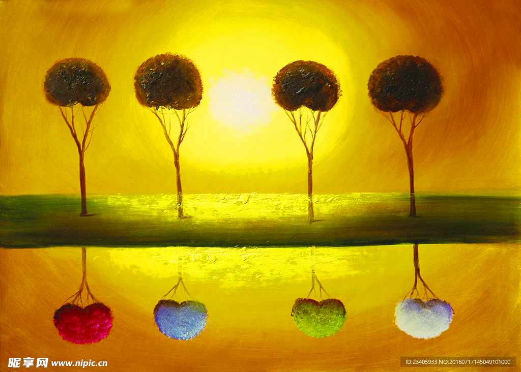 金色夕阳爱心树油画装饰画