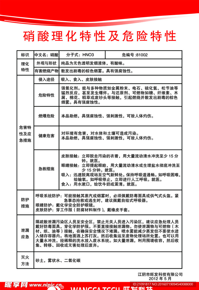 硝酸理化特性及危险特性