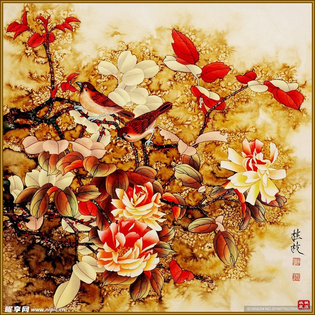 高清中国风牡丹花鸟工笔画