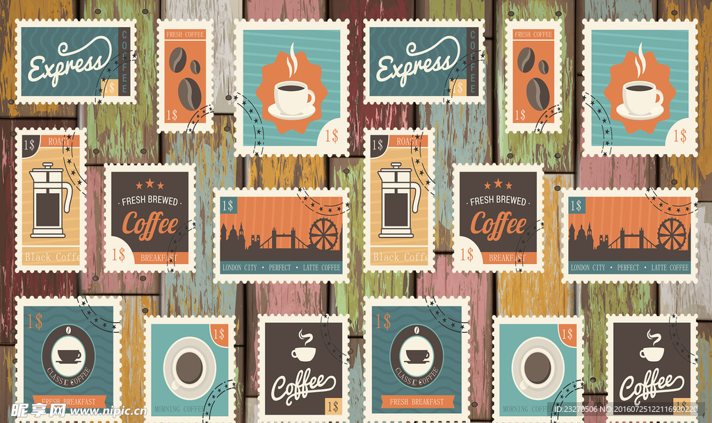 彩色木板纹理咖啡邮票背景墙