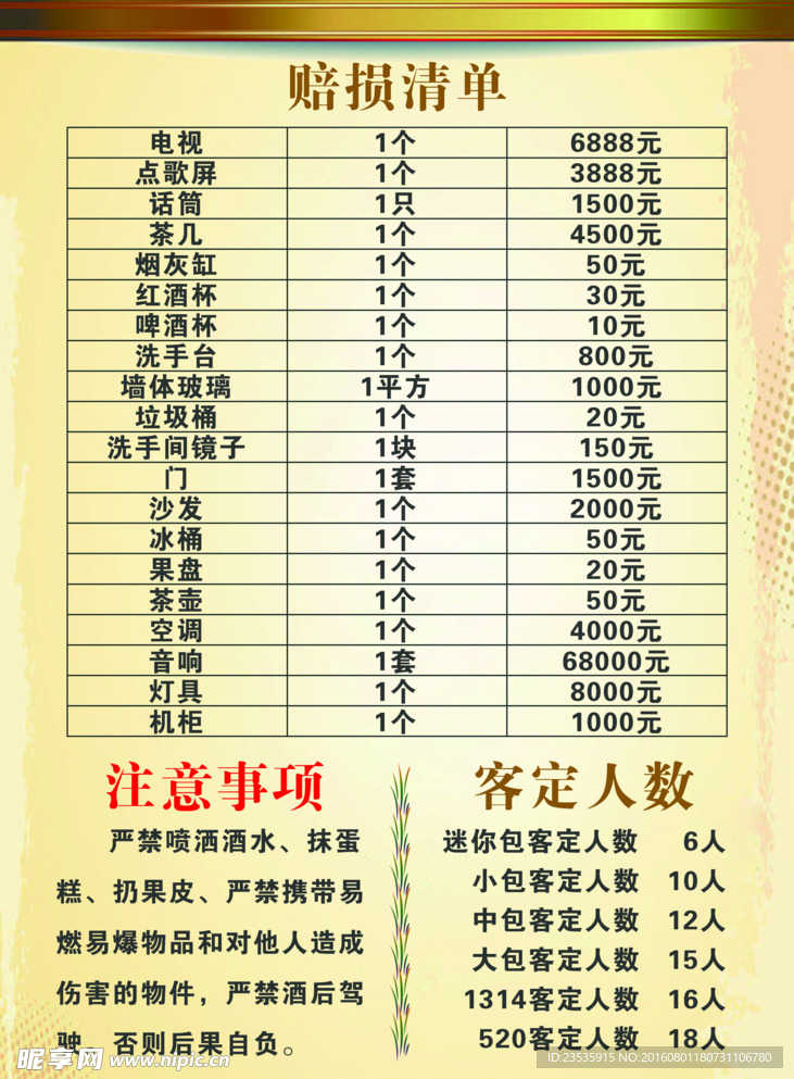 KTV赔损清单