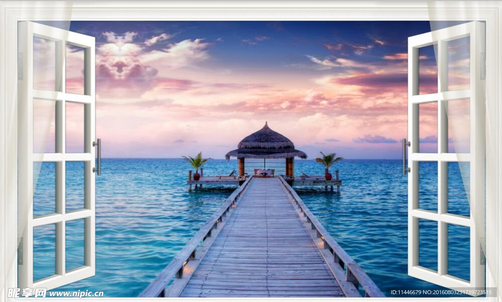 3D窗户木桥海景