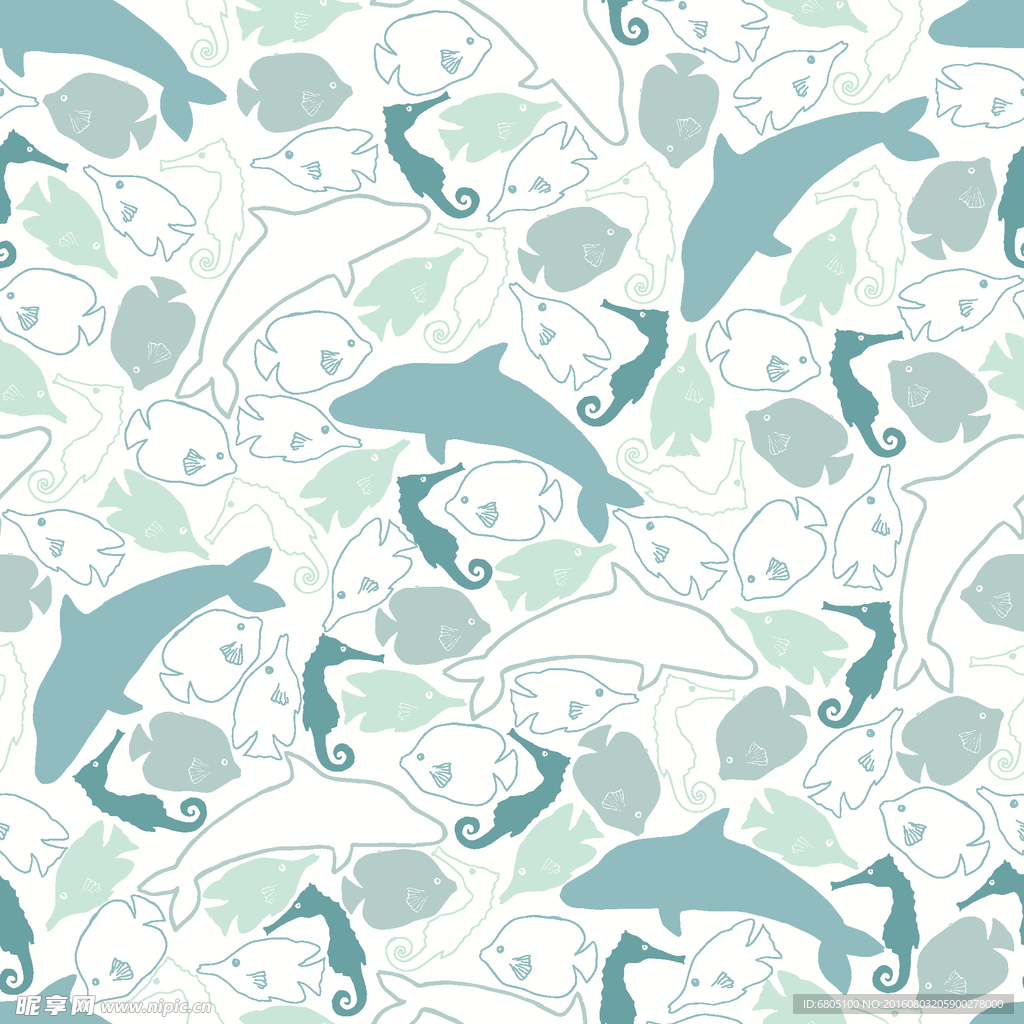 矢量循环海豚海马背景底纹