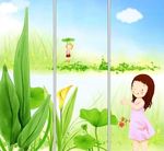 三联卡通画 荷叶与小女孩