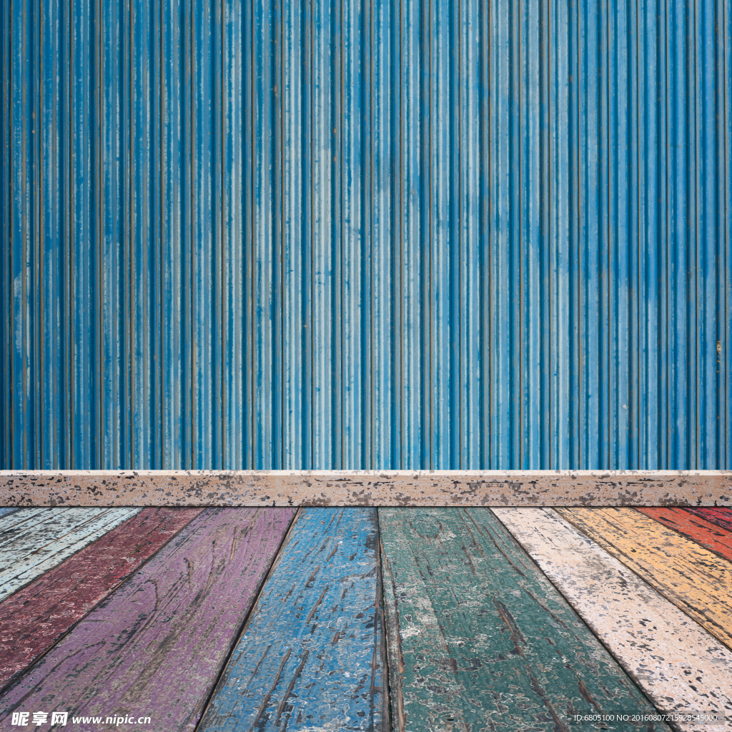 空间彩色木纹地板蓝色木纹墙面