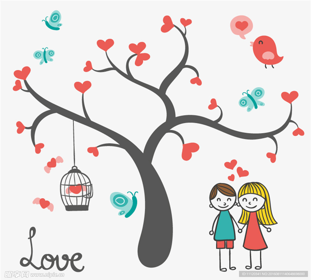卡通爱心树与情侣矢量素材