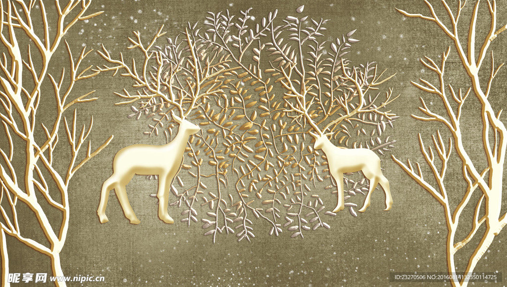 3D立体手绘浮雕鹿林背景墙
