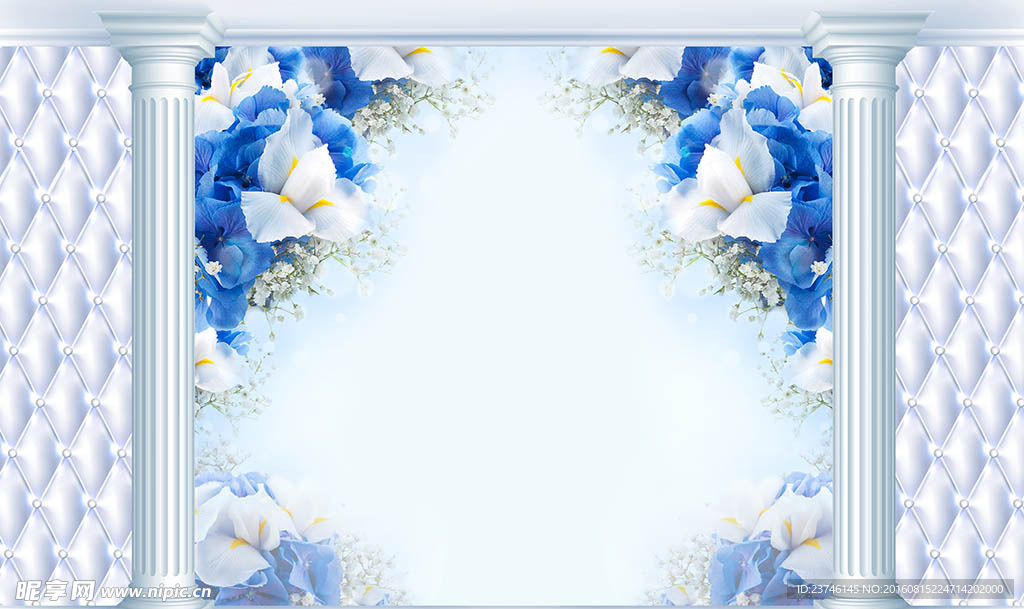 蓝色花朵软包立柱背景墙