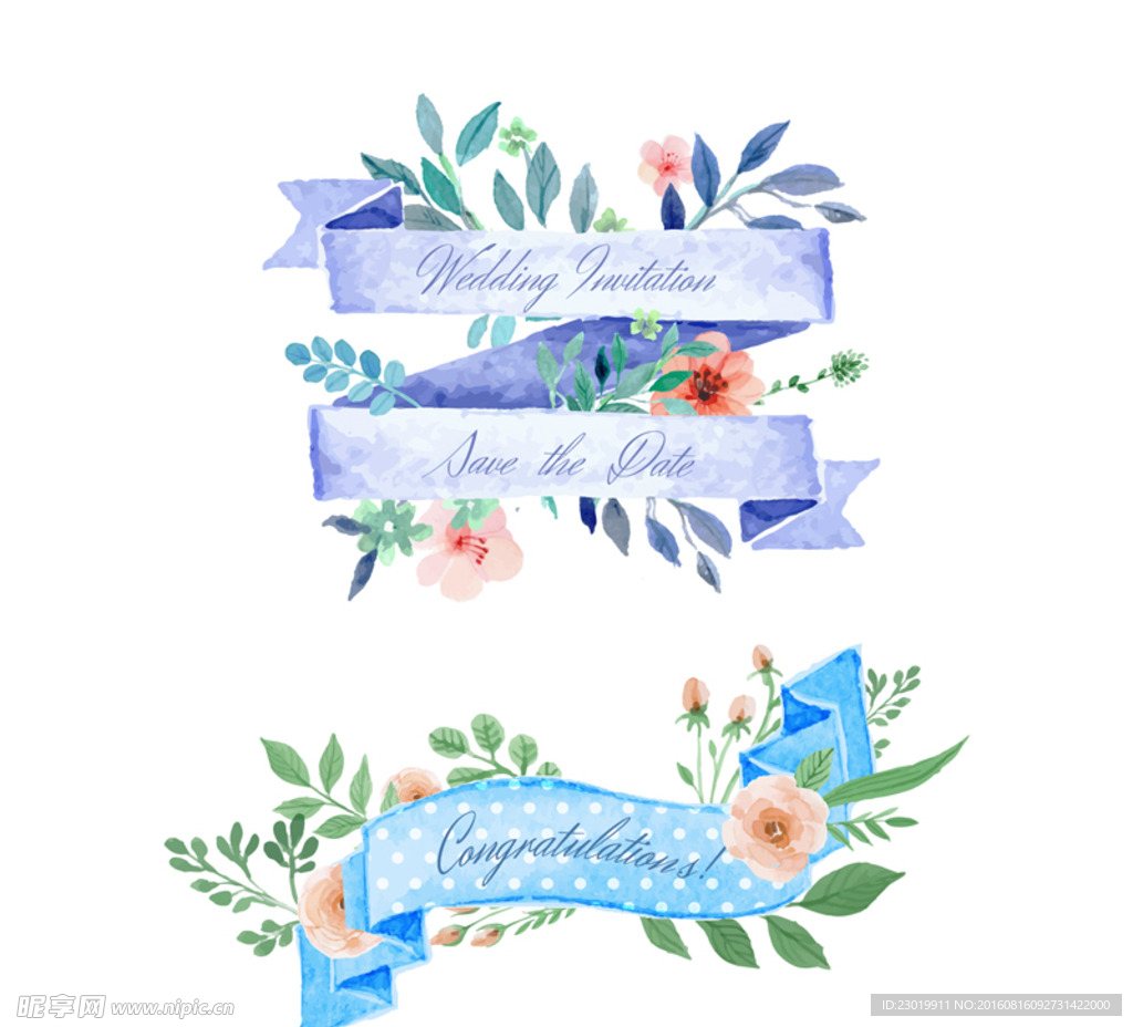 水彩绘植物婚礼丝带