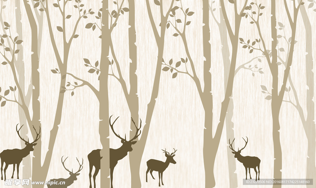 3D抽象素雅树林鹿影壁画背景墙