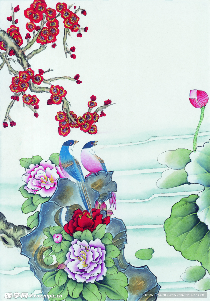 高清工笔 梅花牡丹喜鹊莲花
