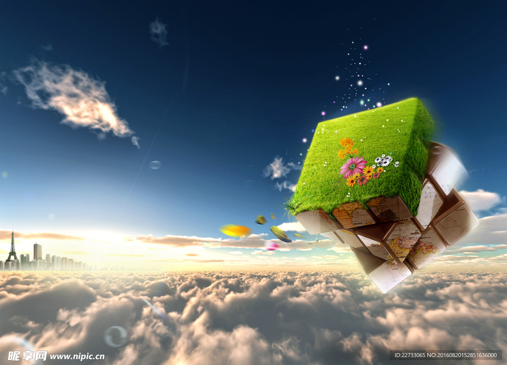 创意天空中的魔方背景