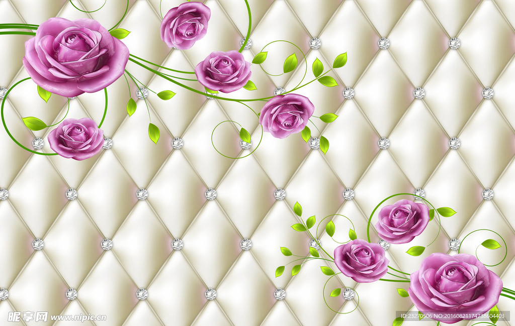 3D紫玫瑰钻石软包皮革电视墙