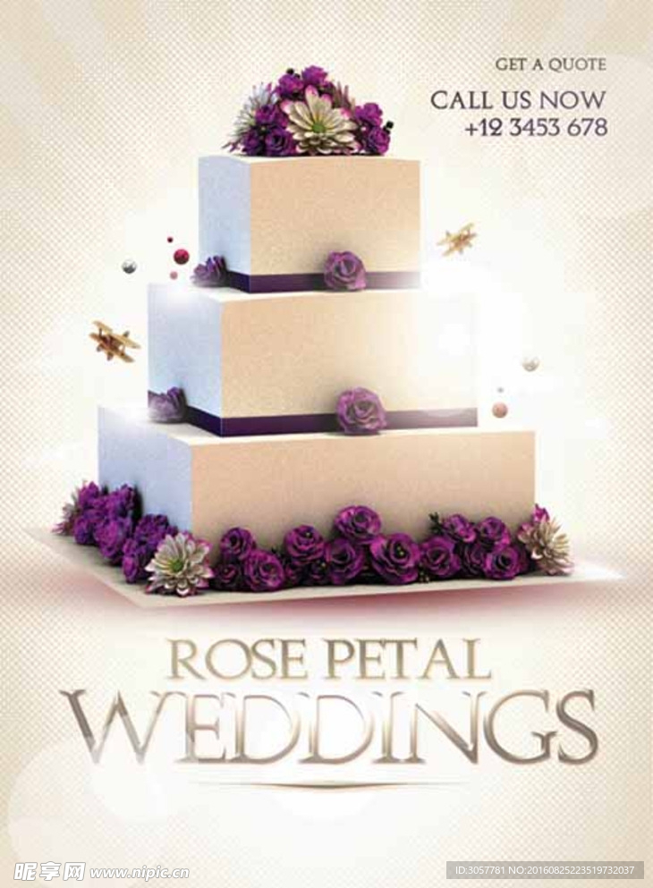 紫色玫瑰花瓣蛋糕庆祝婚礼海报