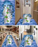3D冰川瀑布飞鸟大海浴室地板地