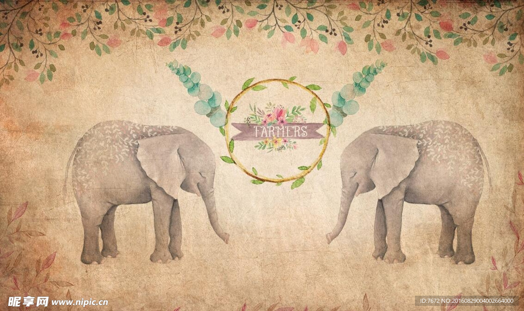 手绘复古大象花朵背景