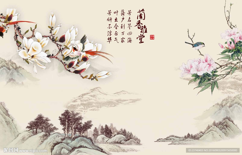 国画花鸟背景墙