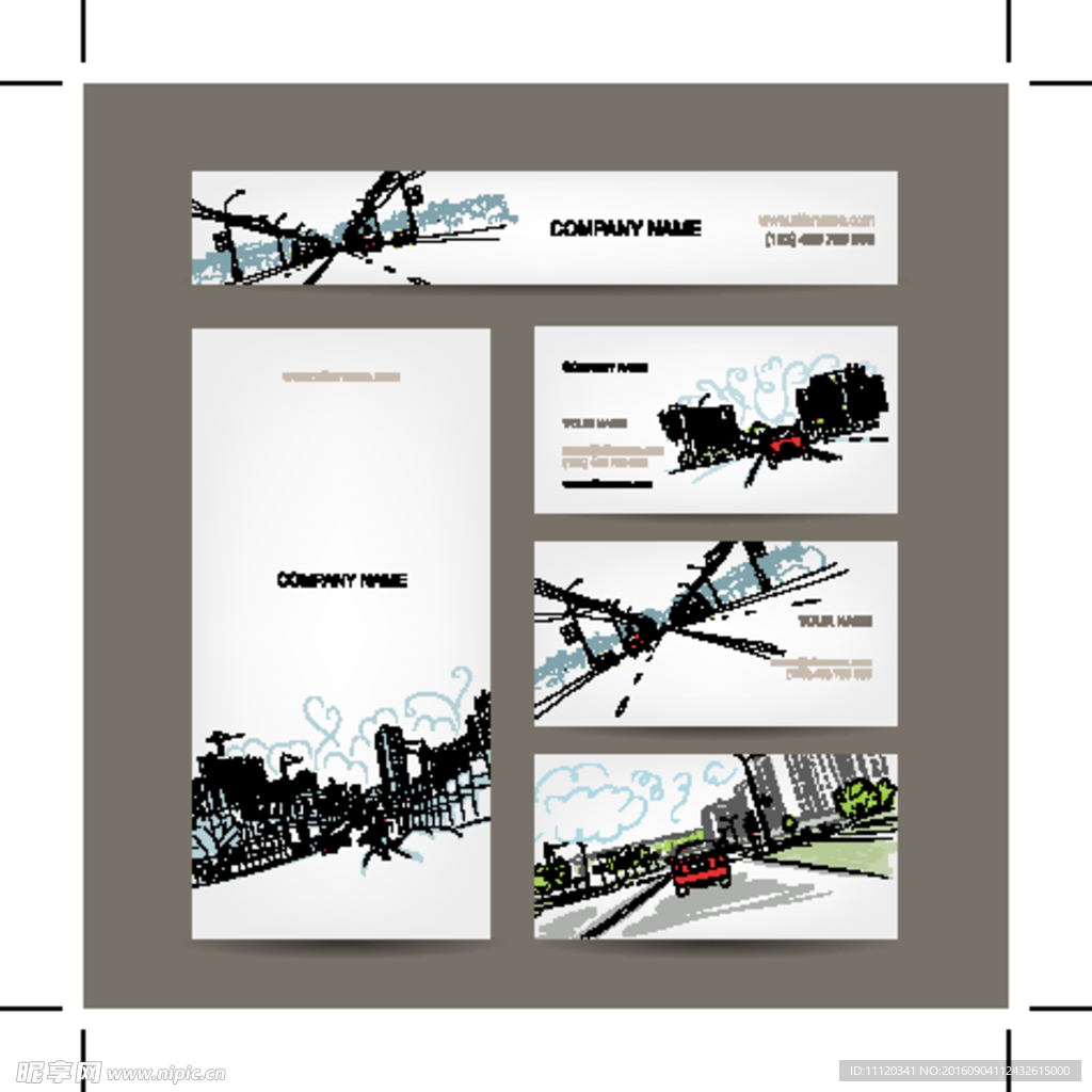 手绘城市风景名片设计矢量素材