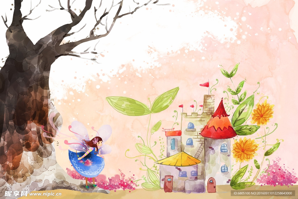 卡通唯美大树房屋背景底纹