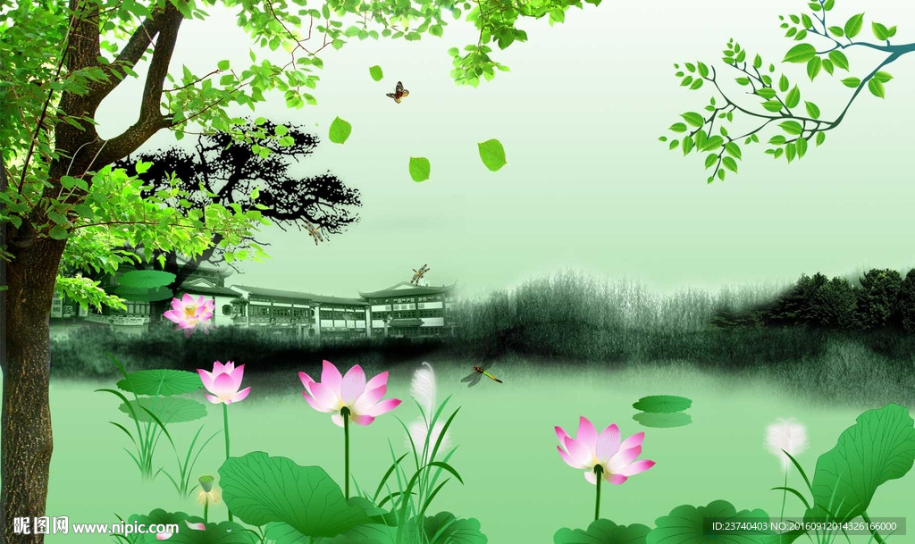 中式荷花背景墙