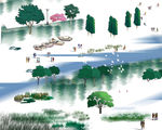 手绘园林景观树木划船效果图
