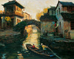 小镇风景油画