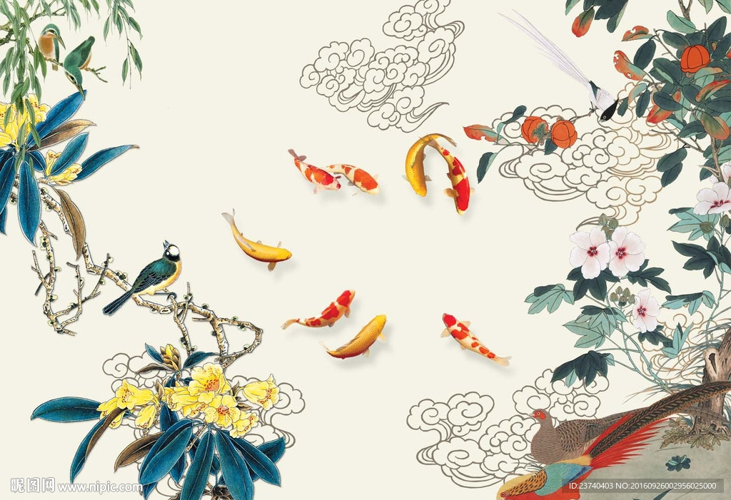 花鸟九鱼图背景墙