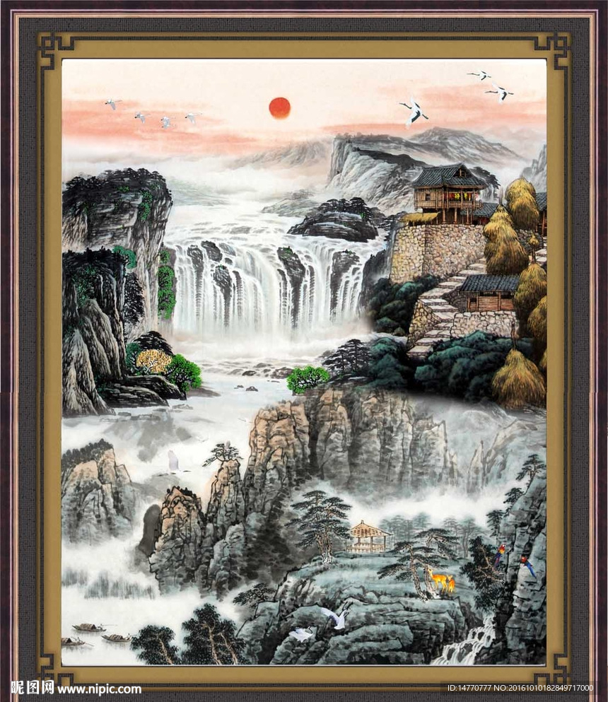 国画山水 瀑布