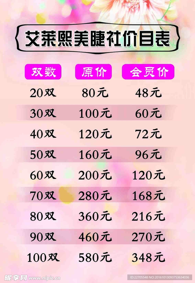 美睫价目表