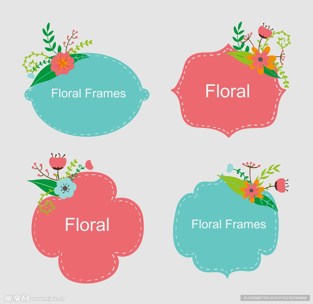 4款卡通花卉装饰标签矢量图