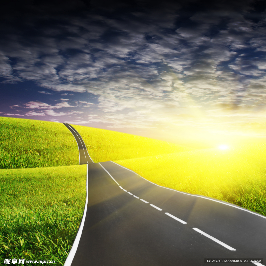 夕阳下的绿色草地公路风景