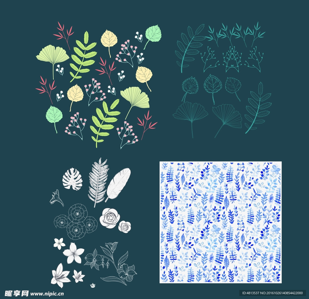 卡通花草树叶与线稿花草树叶