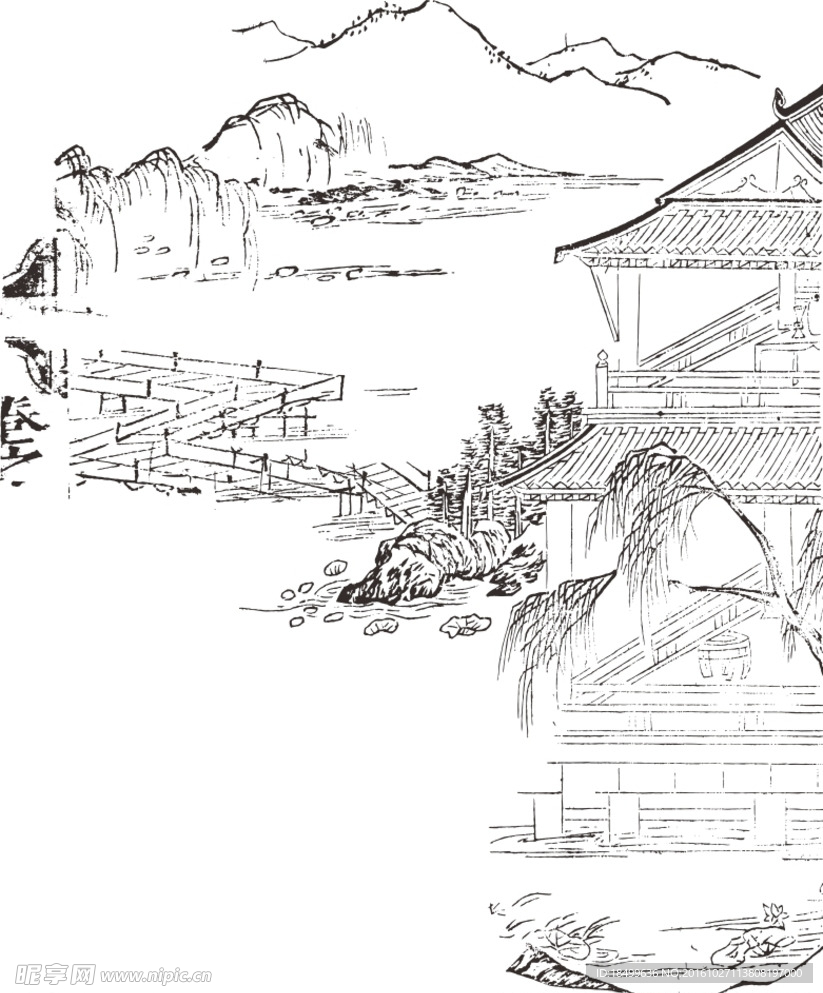 水墨山水画矢量