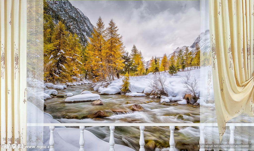 雪景3D立体窗户背景墙