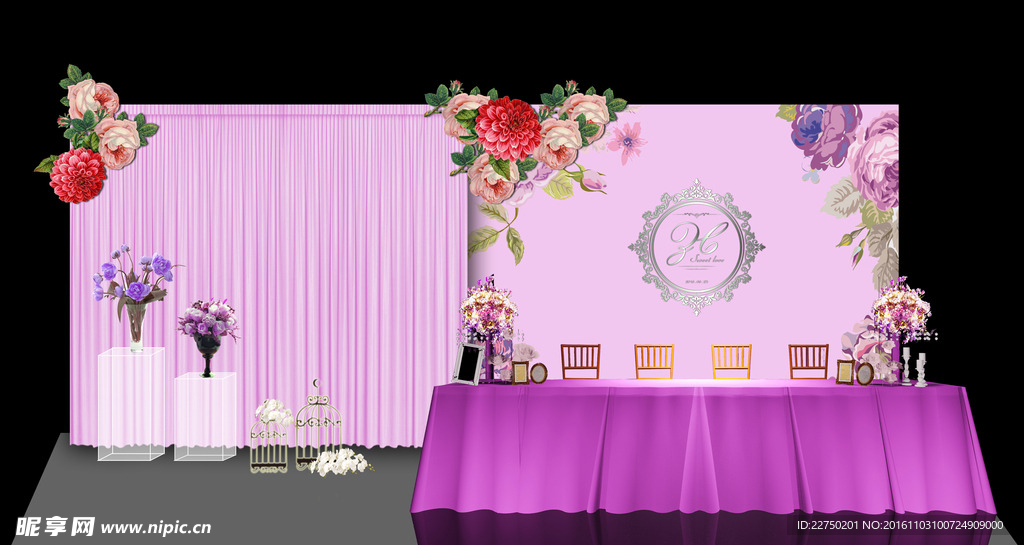 紫色主题婚礼收礼区效果图