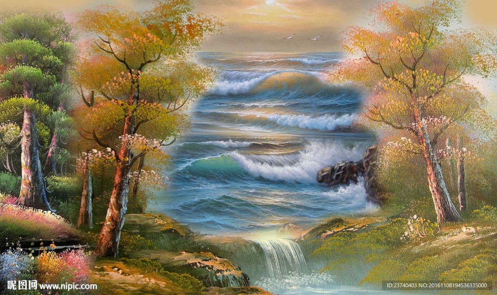 山水风景油画电视背景墙
