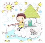 卡通云彩钓鱼人物素材