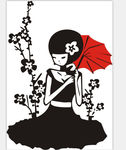 失量 黑白 女孩 伞