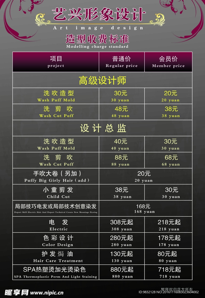 理发店价目表
